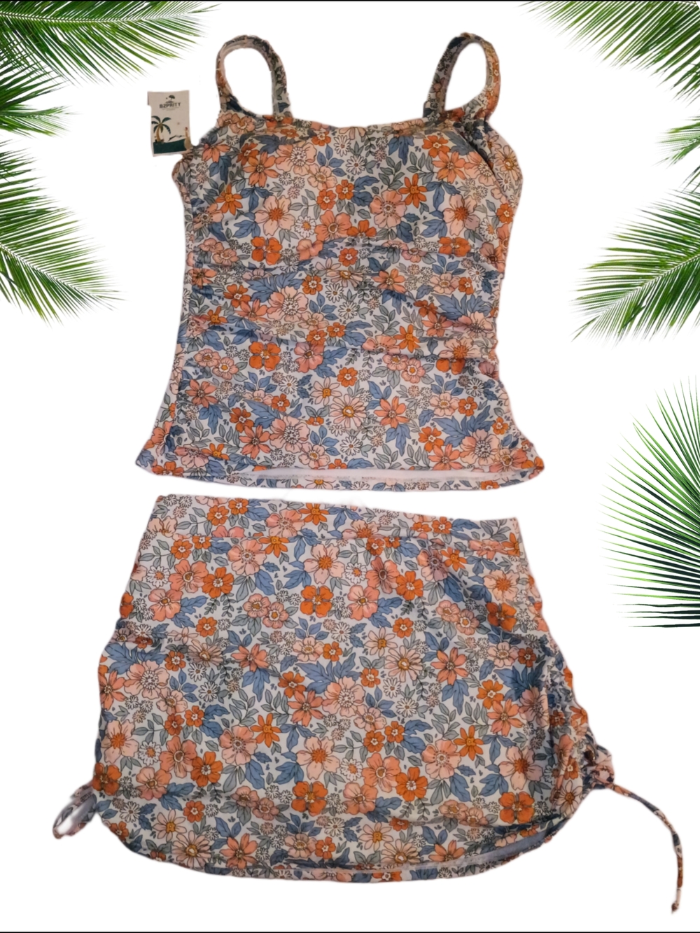 Floral Ruched Tankini Swimsuit Coral & Blue - Picture 3 of 6